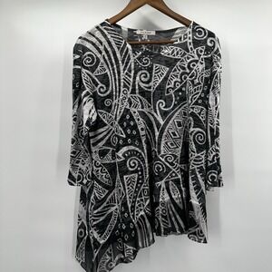 Jess Jane Top Shirt Womens Medium Black Burn out Semi Sheer Asymmetrical Art